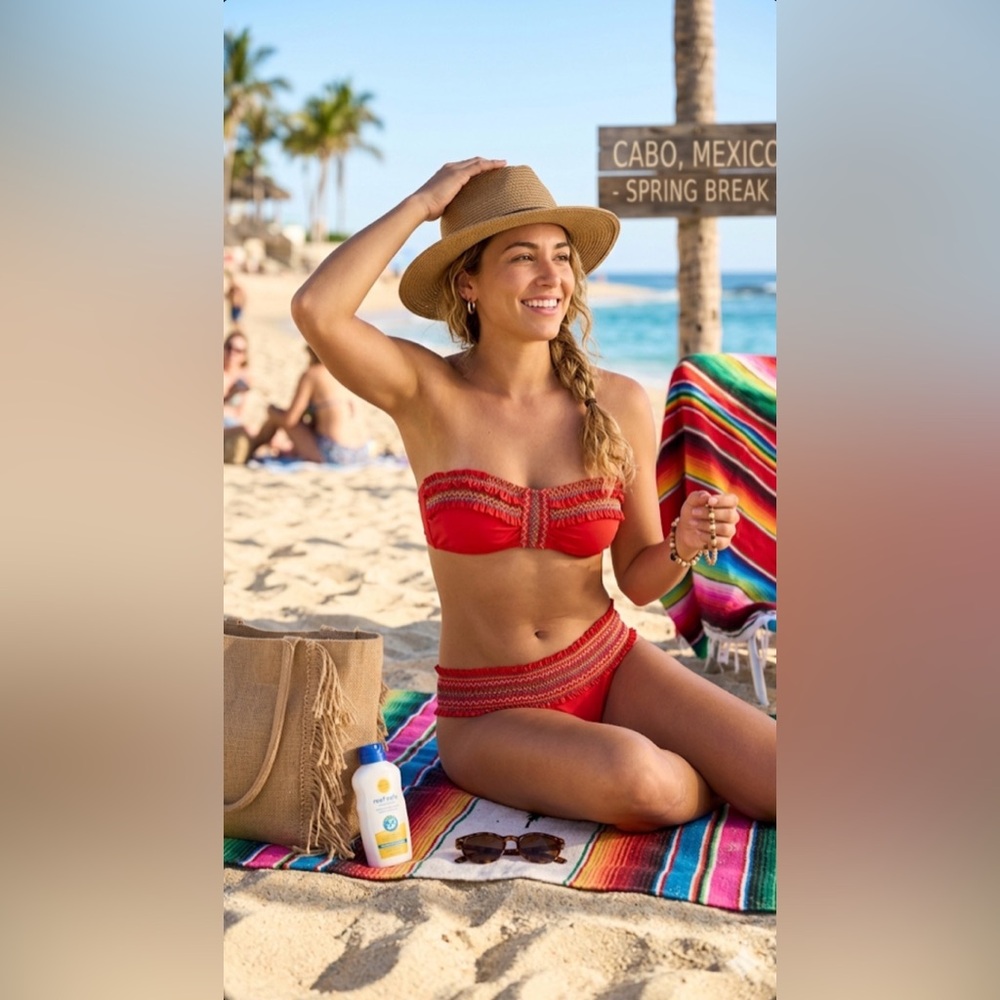 Lucky Brand Smocked Embroidered Bikini Set Red Ruffle Bandeau Two Piece Swimsuit
